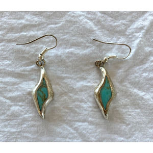 Silver Earrings Turquoise Inlay Dangle Wire Hook Mexico Gorgeous